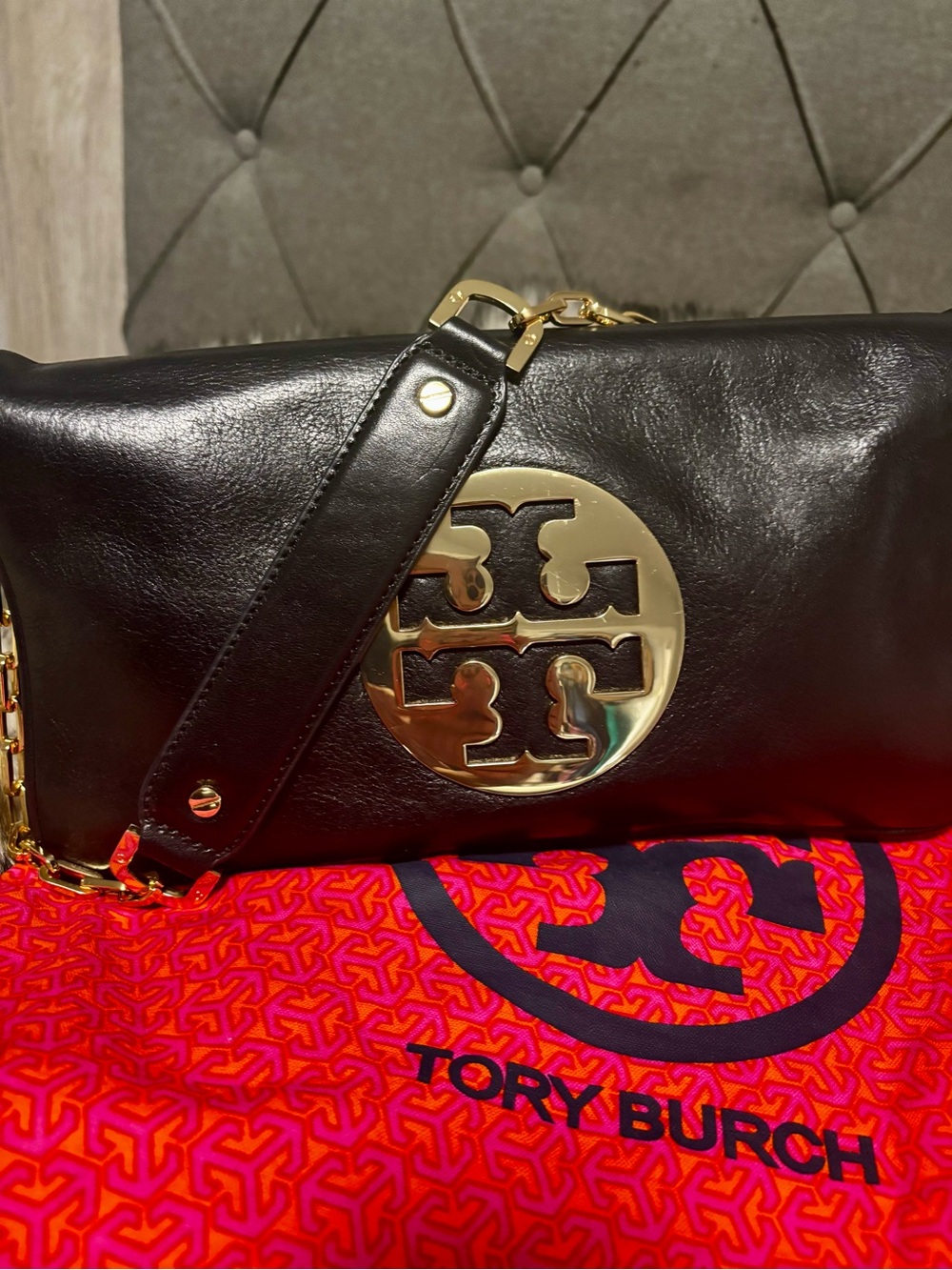 Tory Burch Black Leather Shoulder Bag with Gold Logo Medallion